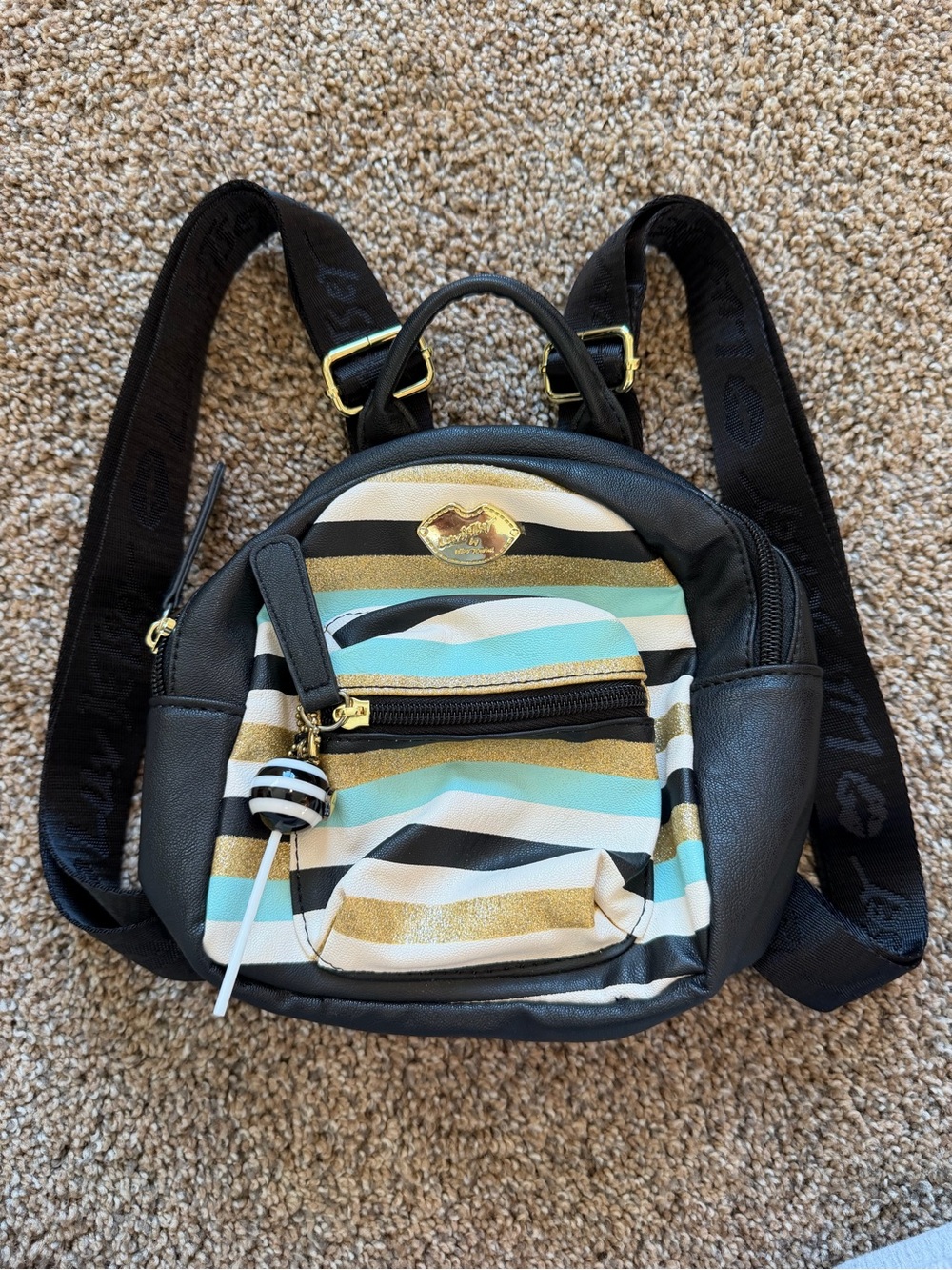 LUV BETSEY Black Blue & Gold Striped Mini Backpack